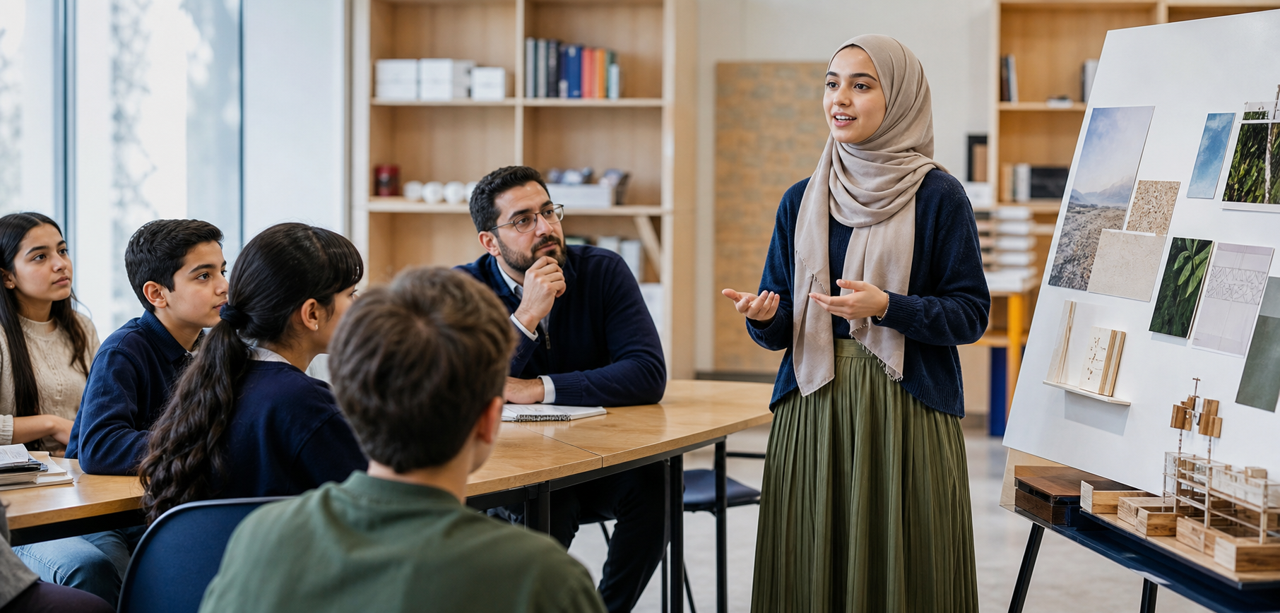 A student wearing a hijab presenting her project to classmates and a lead educator